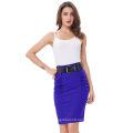 Kate Kasin Women's Shirred Detail High Stretchy Blue Pencil Skirt with Wide Belt KK000271-4